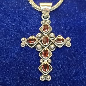 Sterling Silver Ornate Garnet Cross Necklace